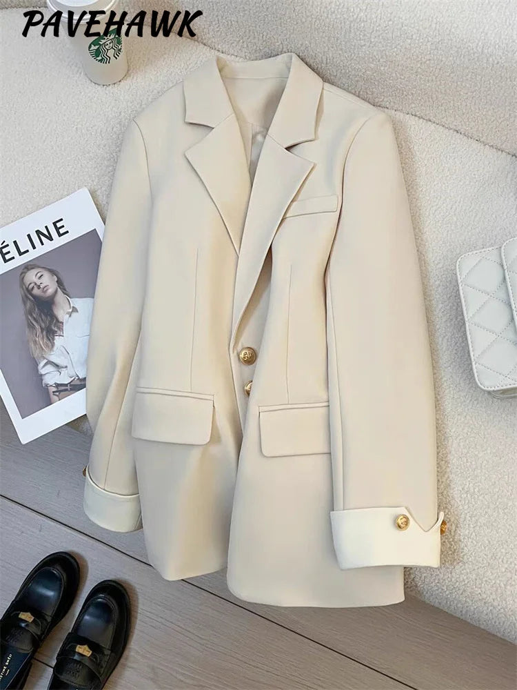 Women Office Wear Casual Blazer Chic Vintage Notched Collar Long Sleeve Outerwear Loose High Street Single Breasted Jackets