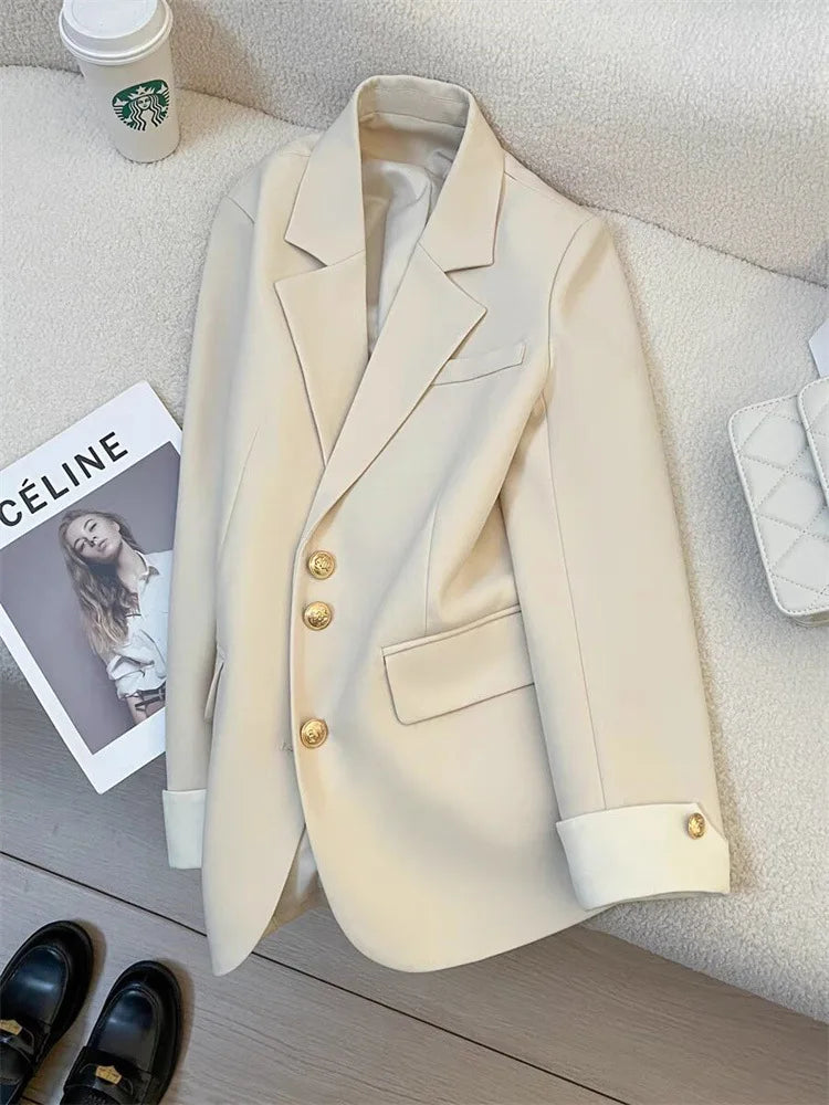 Women Office Wear Casual Blazer Chic Vintage Notched Collar Long Sleeve Outerwear Loose High Street Single Breasted Jackets