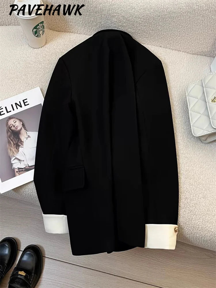 Women Office Wear Casual Blazer Chic Vintage Notched Collar Long Sleeve Outerwear Loose High Street Single Breasted Jackets