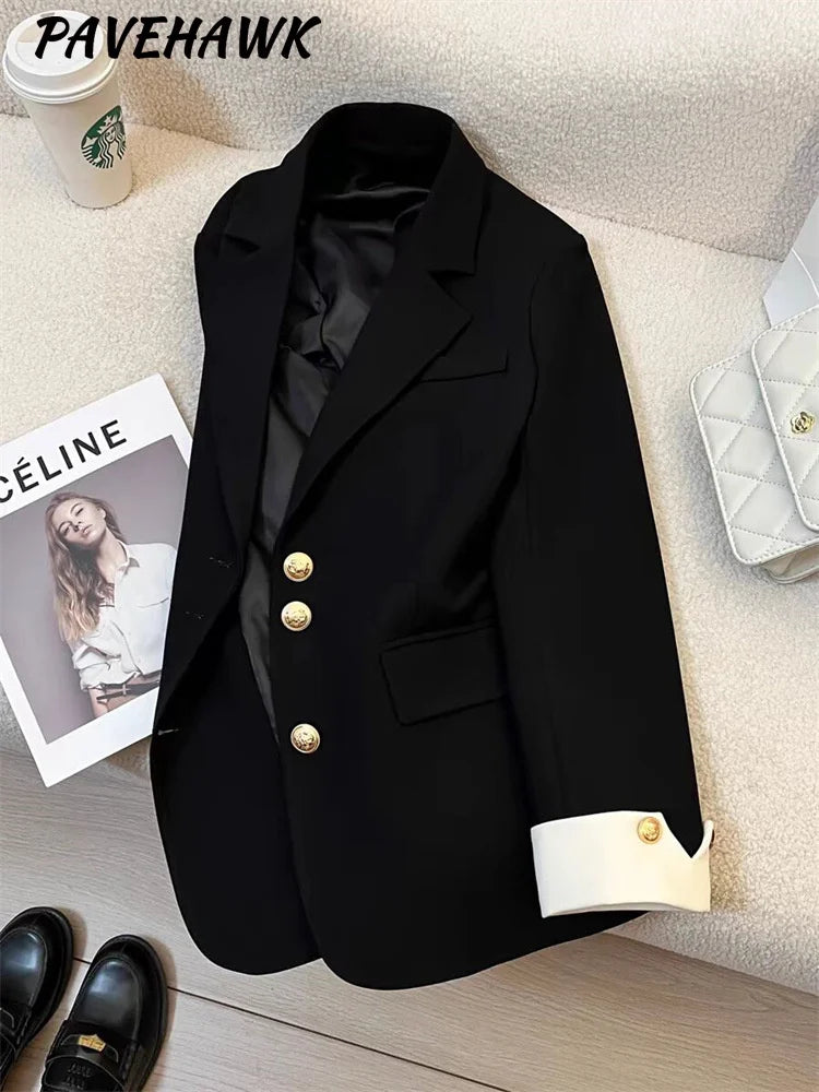 Women Office Wear Casual Blazer Chic Vintage Notched Collar Long Sleeve Outerwear Loose High Street Single Breasted Jackets