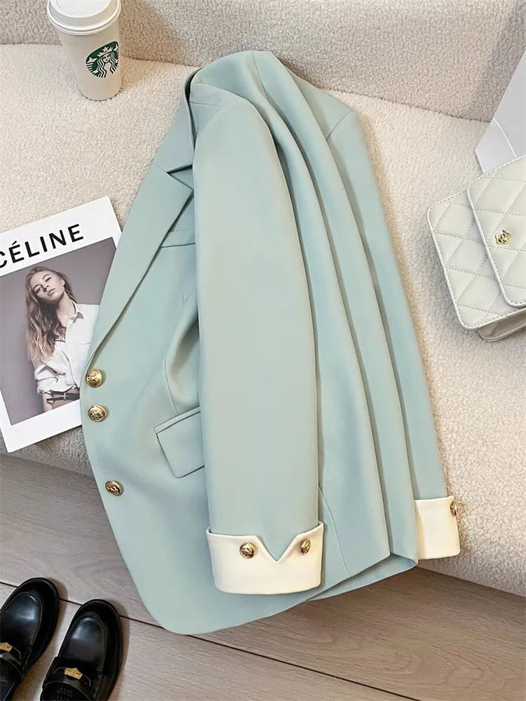 Women Office Wear Casual Blazer Chic Vintage Notched Collar Long Sleeve Outerwear Loose High Street Single Breasted Jackets
