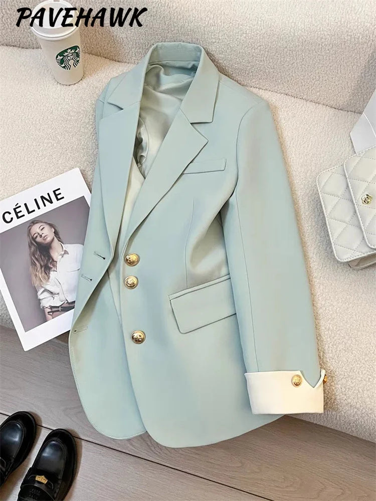 Women Office Wear Casual Blazer Chic Vintage Notched Collar Long Sleeve Outerwear Loose High Street Single Breasted Jackets
