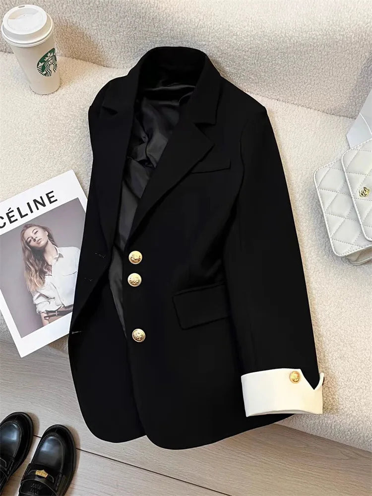Women Office Wear Casual Blazer Chic Vintage Notched Collar Long Sleeve Outerwear Loose High Street Single Breasted Jackets