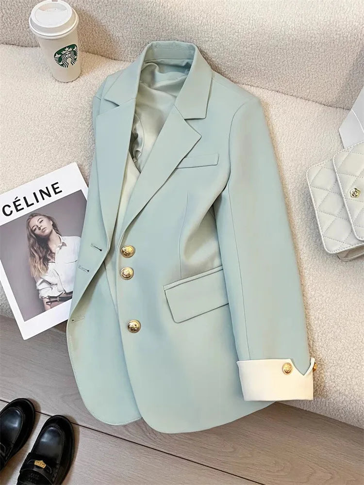 Women Office Wear Casual Blazer Chic Vintage Notched Collar Long Sleeve Outerwear Loose High Street Single Breasted Jackets