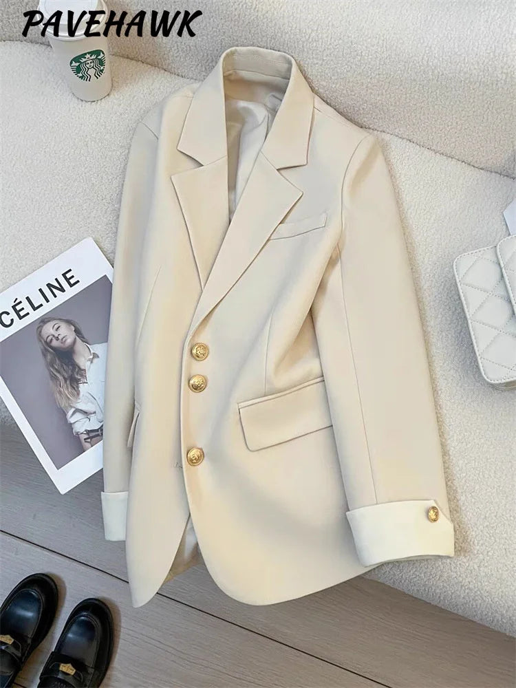 Women Office Wear Casual Blazer Chic Vintage Notched Collar Long Sleeve Outerwear Loose High Street Single Breasted Jackets
