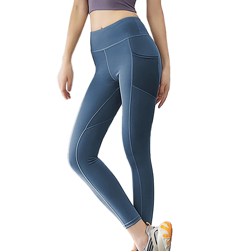 Seamless yoga leggings by FREES COPES for women with high waist design, 82.5% polyester and 17.5% elastane, featuring a side pocket and a butt-lifting effect, ideal for gym activities and cycling.