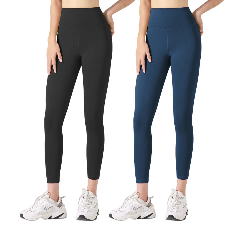 FREES COPES Women's Sports Clothing - 2 Pack Seamless Yoga Leggings in Black and Blue, made of elastane for spring/summer, ideal for yoga and stretch activities, featuring a high waist and soft fabric for ultimate comfort.