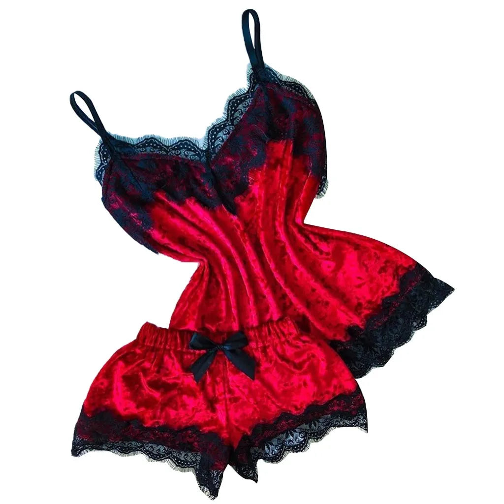 Summer Pyjamas Women Velvet Bow Sleepwear Sleeveless Strap Nightwear Lace Trim Cami Top Pajama Sets Femme Sexy Lingerie