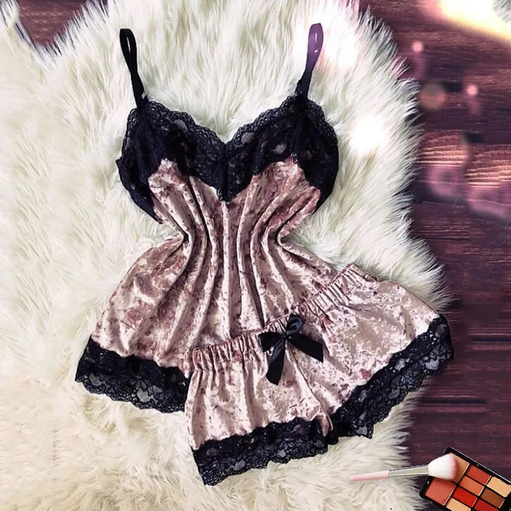 Summer Pyjamas Women Velvet Bow Sleepwear Sleeveless Strap Nightwear Lace Trim Cami Top Pajama Sets Femme Sexy Lingerie