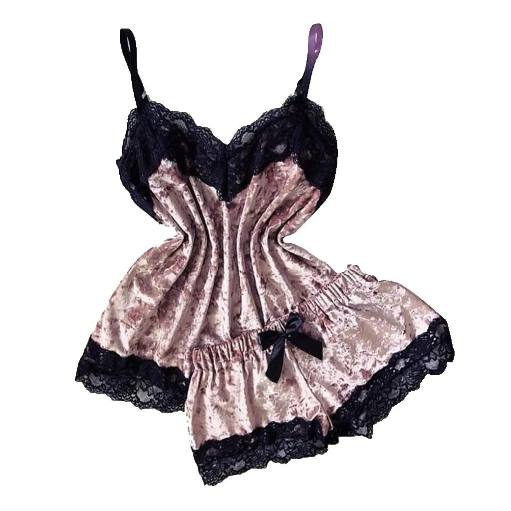 Summer Pyjamas Women Velvet Bow Sleepwear Sleeveless Strap Nightwear Lace Trim Cami Top Pajama Sets Femme Sexy Lingerie