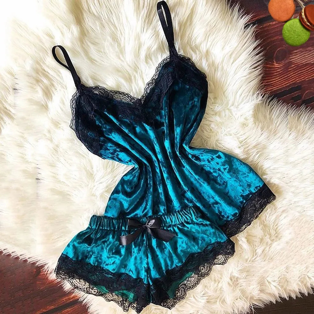 Summer Pyjamas Women Velvet Bow Sleepwear Sleeveless Strap Nightwear Lace Trim Cami Top Pajama Sets Femme Sexy Lingerie