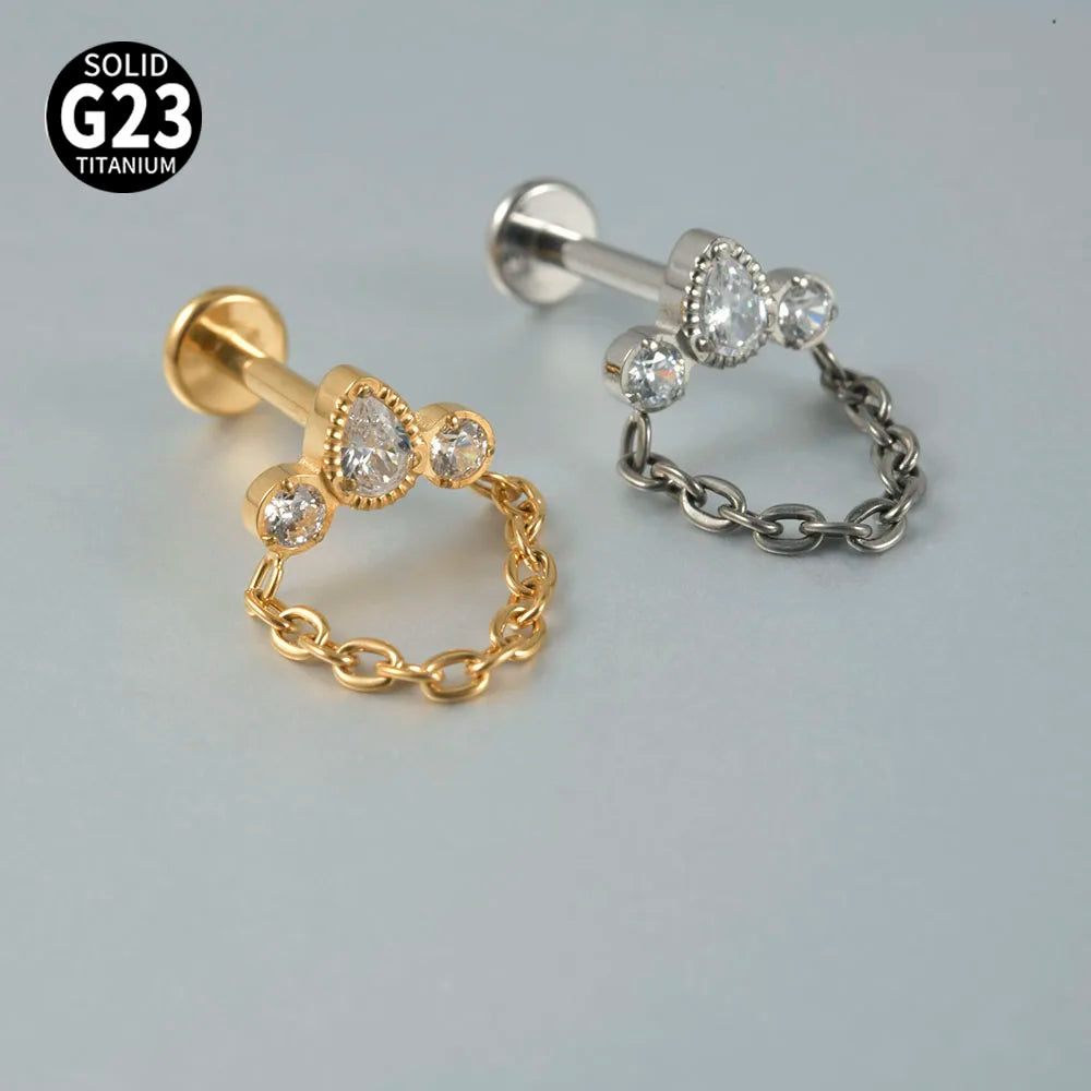 Dreamlee G23 Solid Titanium Chain Dangling Rook Helix Stud Inner Screw Flat Back Tragus Cartilage Earring Lobe Labret Piercing