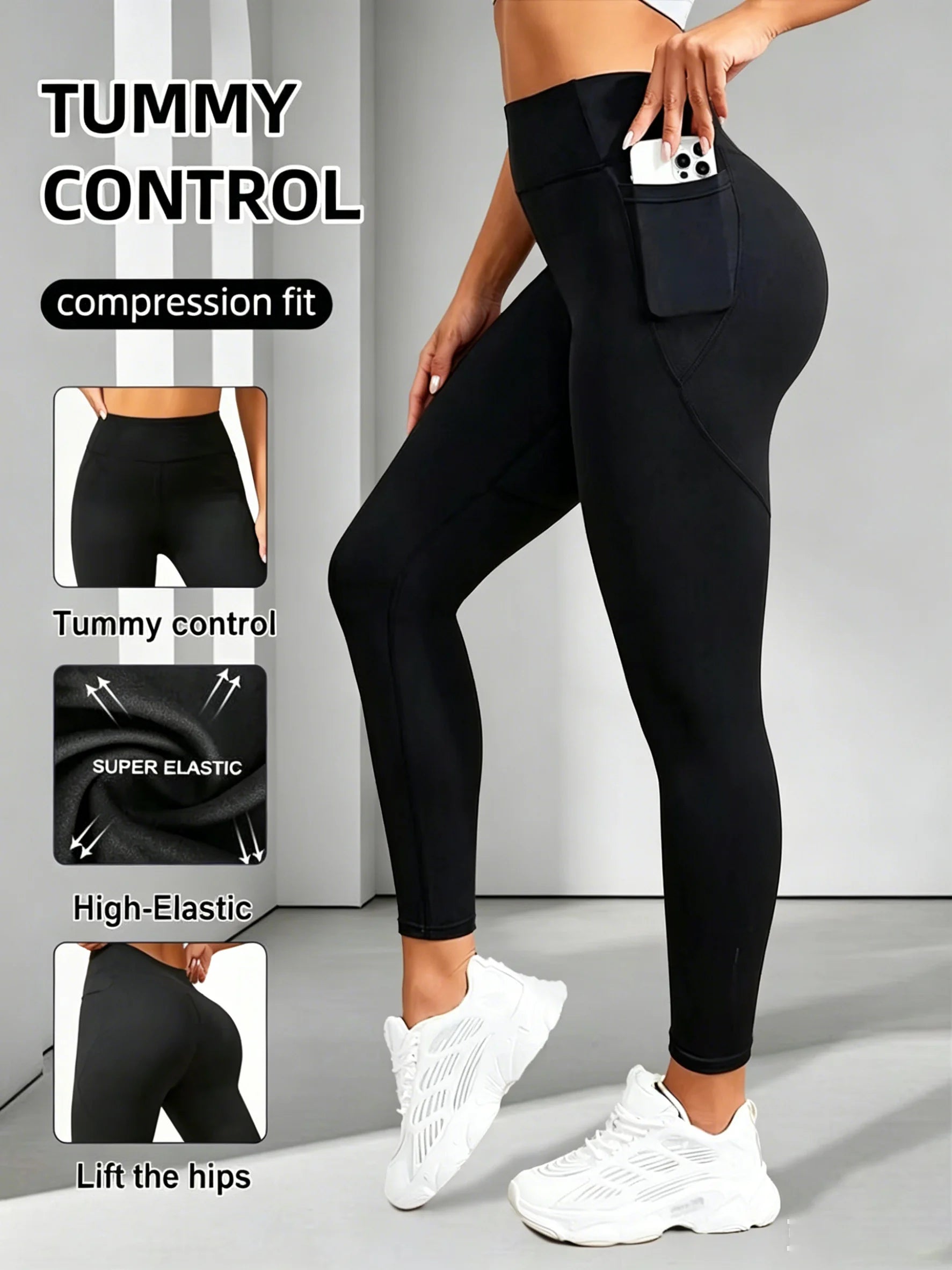 Spring Women's Solid Color Gym Yoga Leggings with Pocket High Waist Hip Lifting quick drying Elastic Slim for Sports Fitness