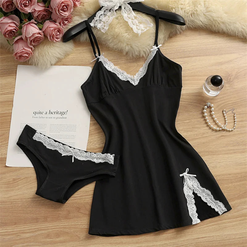 Women Pajama Cotton Suspender Nightdress 2 Pieces Pajama Set Cute Lace Nightgowns Bow Summer Sleepwear V-neck Slit Pajamas Dress