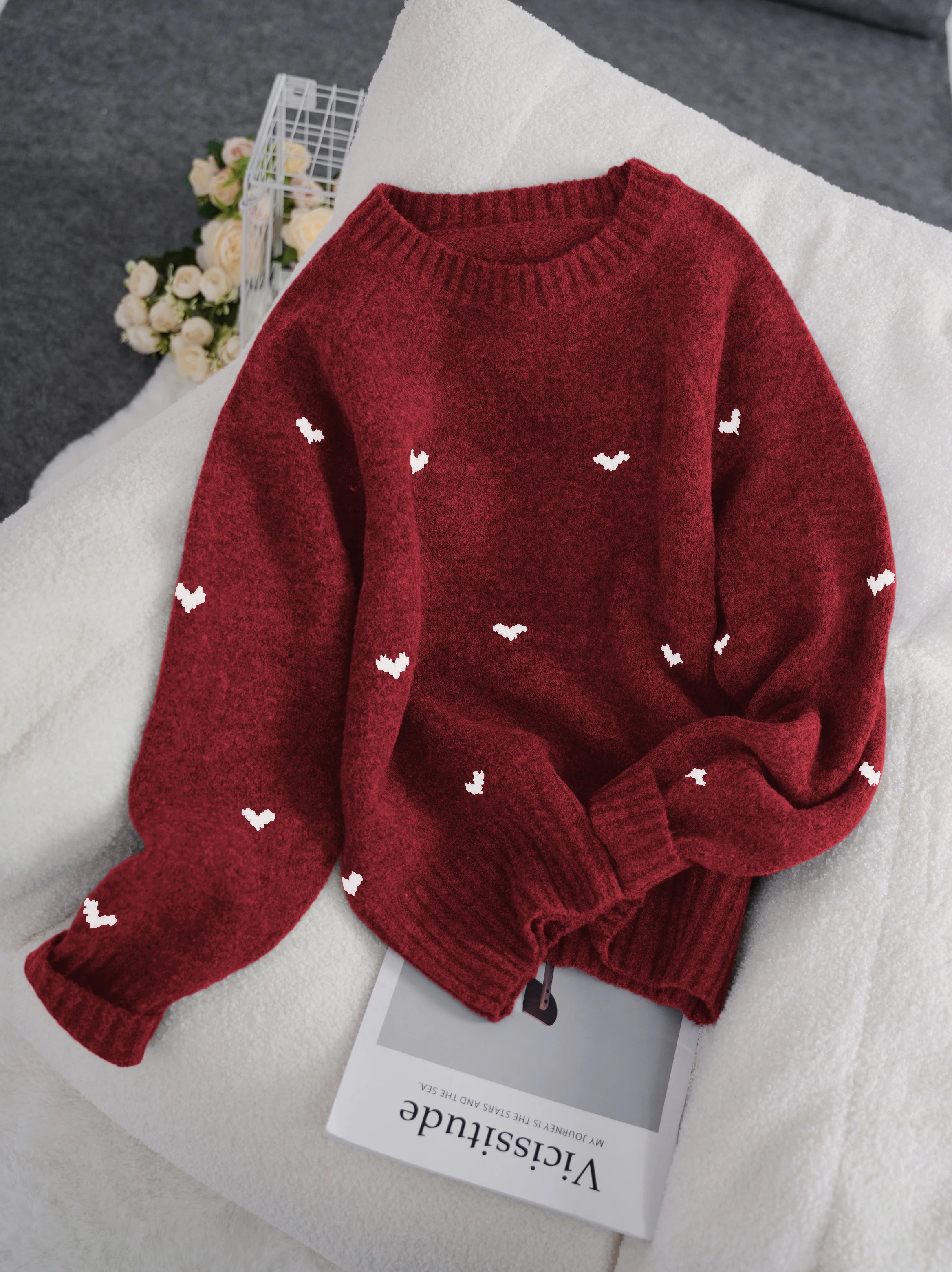 Valentine's Day Women's Crochet Sweater - Flying Bird & Heart Pattern Long Sleeve Pullover, Fall New Arrival Casual Streetwear