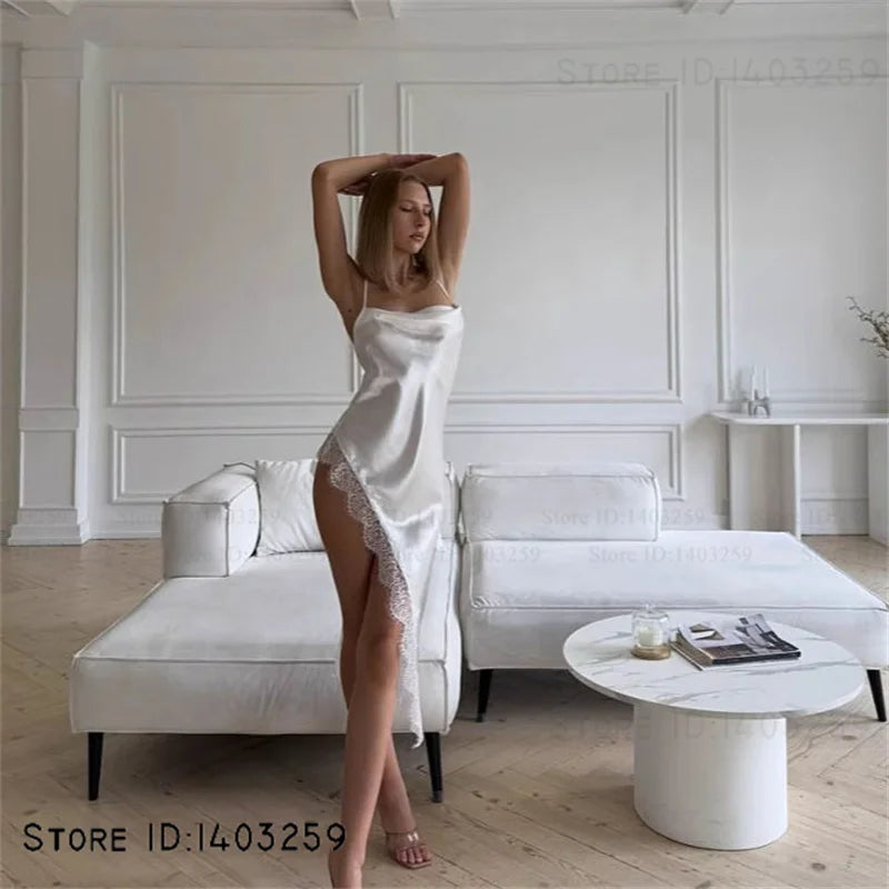 Women's Spaghetti Strap Nightgown Chemise Sleepwear Sexy Intimate Lingerie Backless Lace Split Nightdress Homewear Satin Nighty