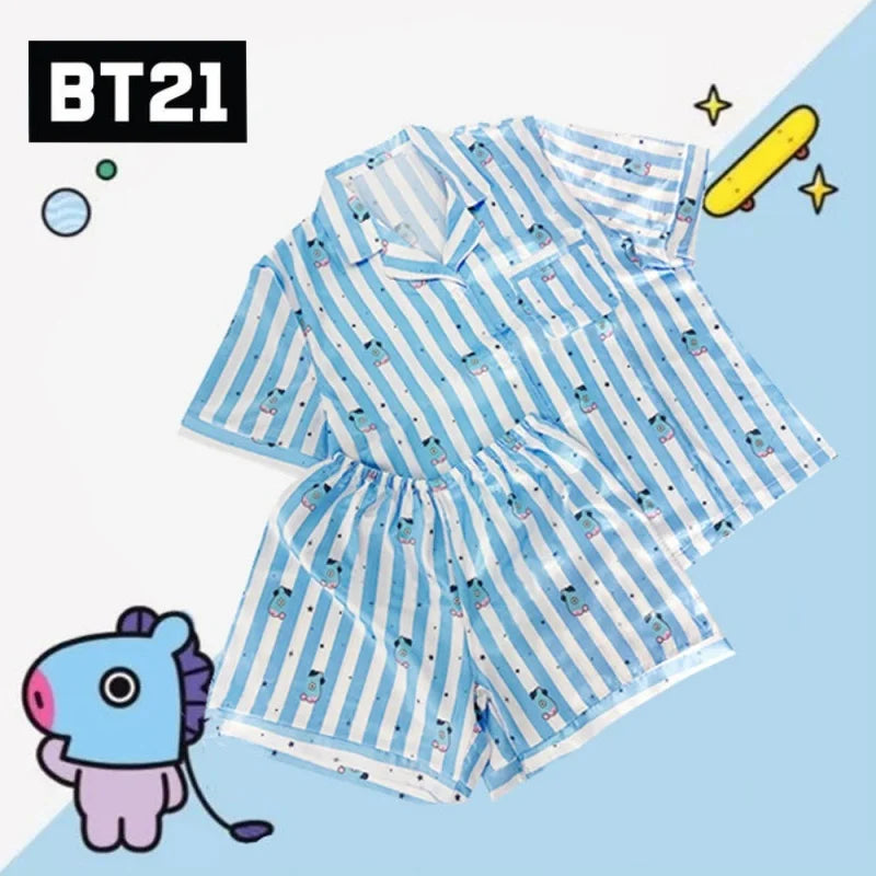 Kawaii Bt21 Tata Cooky Rj Pocket Short Sleeve and Shorts Pajama Set, Casual Satin Sleepwear with Lapel Collar and Button Detail