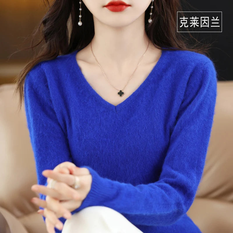 Autumn and Winter New Women's Sweater 100% Mink Cashmere Women's V-neck Pullover Casual Knitting Basic Fashion Large Top