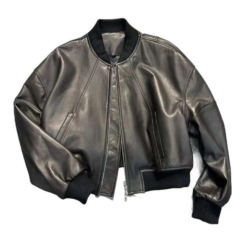 Leather Cropped Bomber Jacket For Women 2025 Winter European Old Money Designer Female Distressed Sheepskin Short Coat Outwear