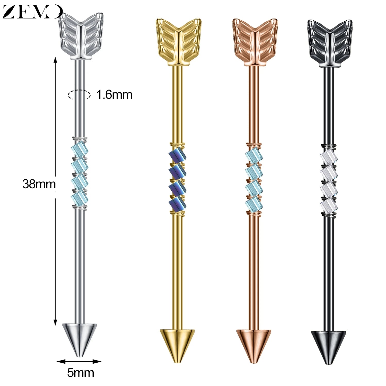 ZEMO 1 Piece 14G Stainless Steel Long Industrial Piercing Women Men 38MM Stud Earrings Barbell Taper Arrow Conch Helix Piercings