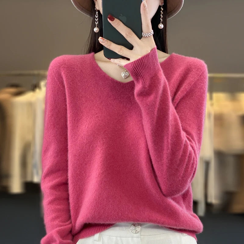 New Autumn And Winter Fashion First-Line Sweater 100% Pure Wool Women's V-Neck Pullover Knitted Base DMR201