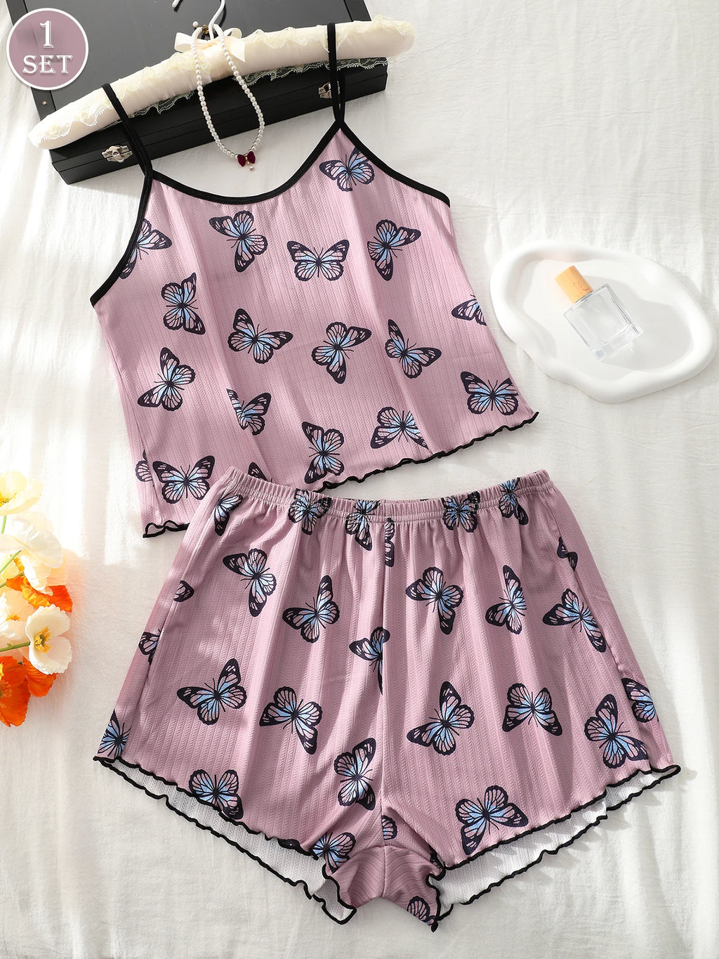 1 Set Women Home Wear Print Cami Top And Shorts Pajama Set