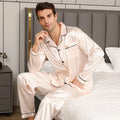 2PCS/Set Plus Size Solid Long-Sleeved Pyjamas Men Spring and Autumn Silk Sleepwear Homewear Cardigan Lapel Trousers Nightwear