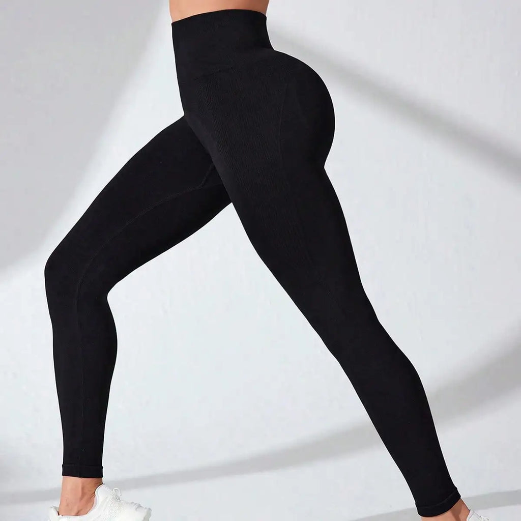Black Ribbed Panel Yoga Leggings Women High Waist Seamless Butt Lifting Tummy Control Fitness Workout Tights Gym Sportswear
