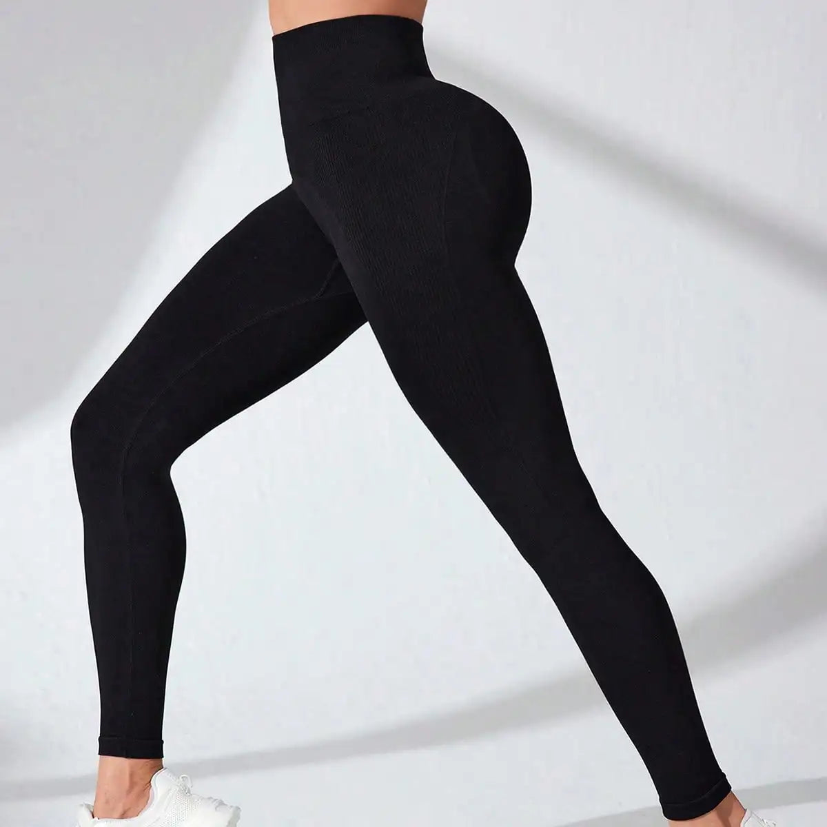 Black Ribbed Panel Yoga Leggings Women High Waist Seamless Butt Lifting Tummy Control Fitness Workout Tights Gym Sportswear