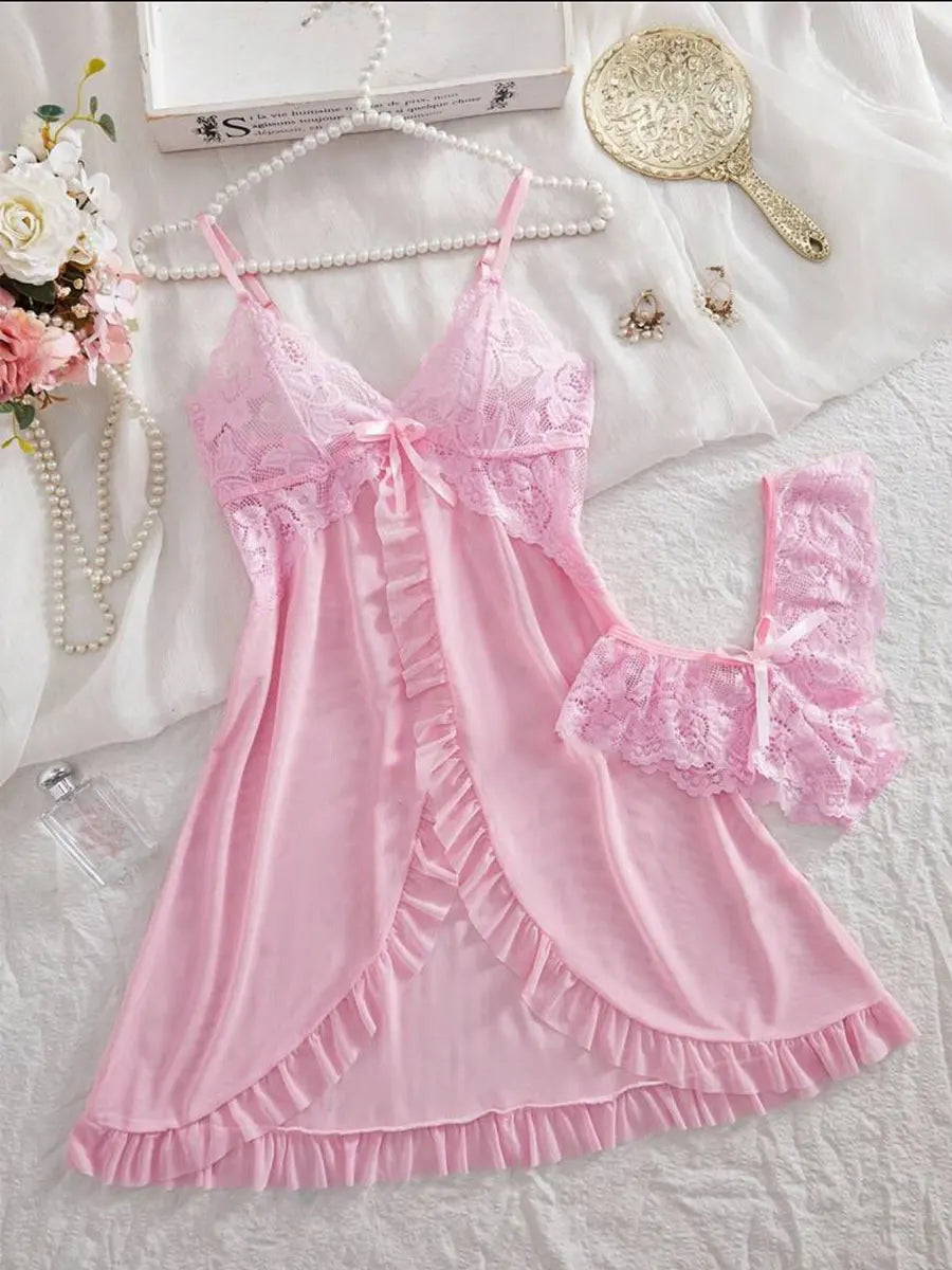A Set Pink Cute Women Sweet Nightdress And Panty Pijamas Suit Sleeveless Halter Nightgown Short Sets V-Neck Bra Thong Luxury Kit