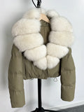Janveny Large Natural Fox Fur Collar 90% White Duck Down Jacket Women Winter Short Waterproof PU Puffer Coat Female Thick Parkas