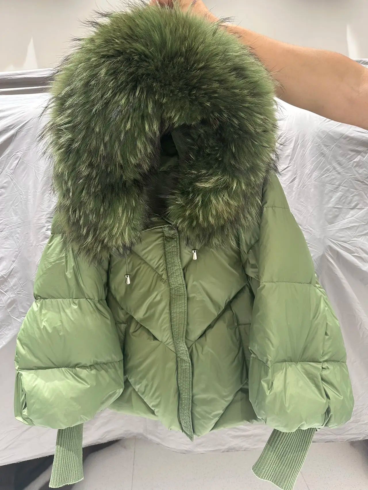 Lagabogy 2025 New Winter Large Real Fur Hooded Puffer Jacket Women White Duck Down Mid Long Parka Thick Warm Knitted Sleeve Coat