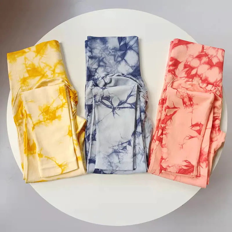 VEQKING Seamless Tie Dye Women Yoga Pants High Waist Sports Leggings Elastic Quick Dry Gym Fitness Pants Tight Workout Trousers
