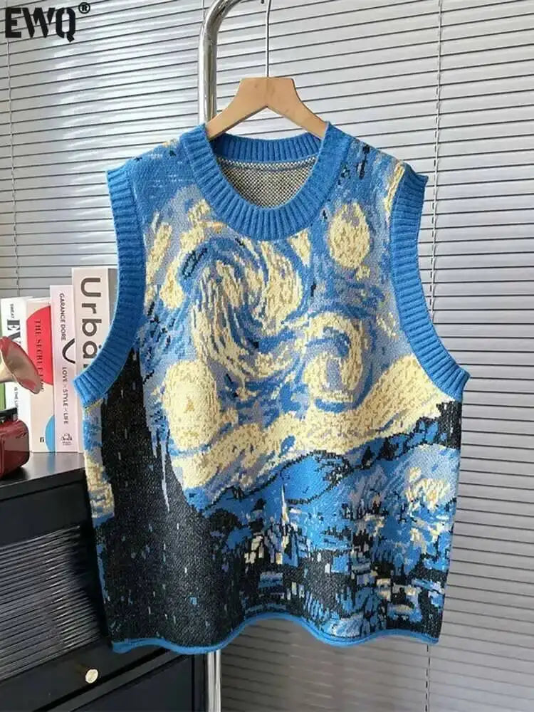 [EWQ] Vintage Oil Painting Sweater Vest Women Contrast O-neck Elastic Pullovers Knit Tank 2026 Spring Autumn Big Size Tops U5266