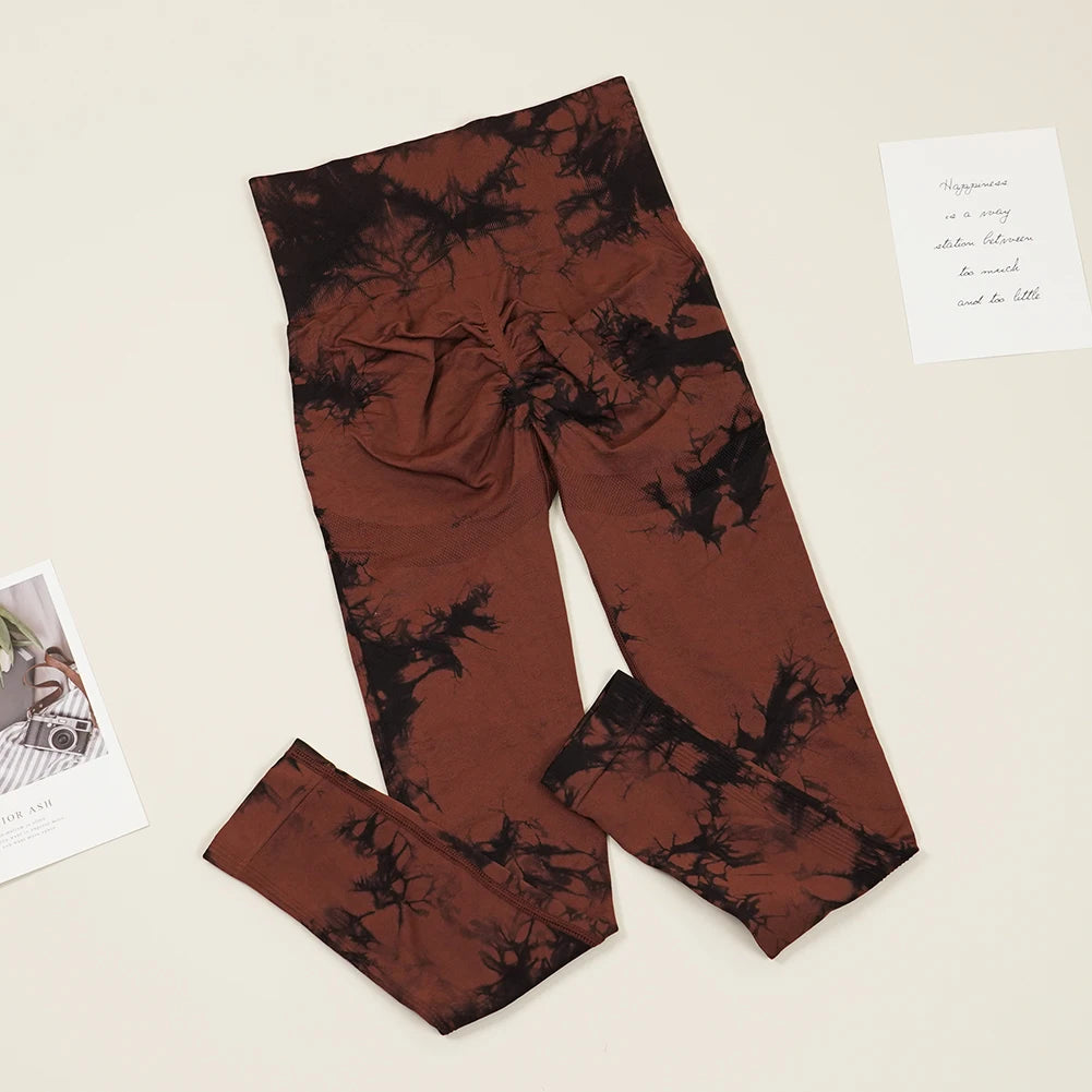 VEQKING Seamless Tie Dye Women Yoga Pants High Waist Sports Leggings Elastic Quick Dry Gym Fitness Pants Tight Workout Trousers
