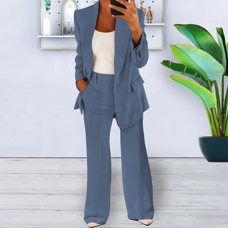 Women's Sets Two 2 Pieces Sale Casual Pocket Single Button Blazer Jackets& High Elastic Waist OL Workwear Wide Leg Pant Suits