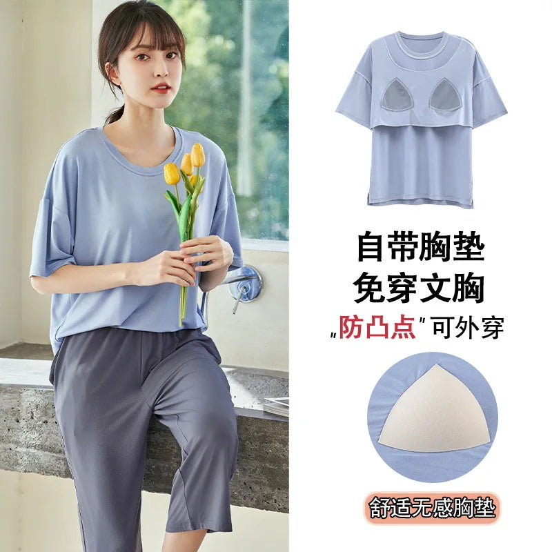 Thin With Chest Pad Summer Women's Suit Pijama New In Women's Sleepwear Short Sleeve Pajama Sets 2 Pieces Cute Clothes
