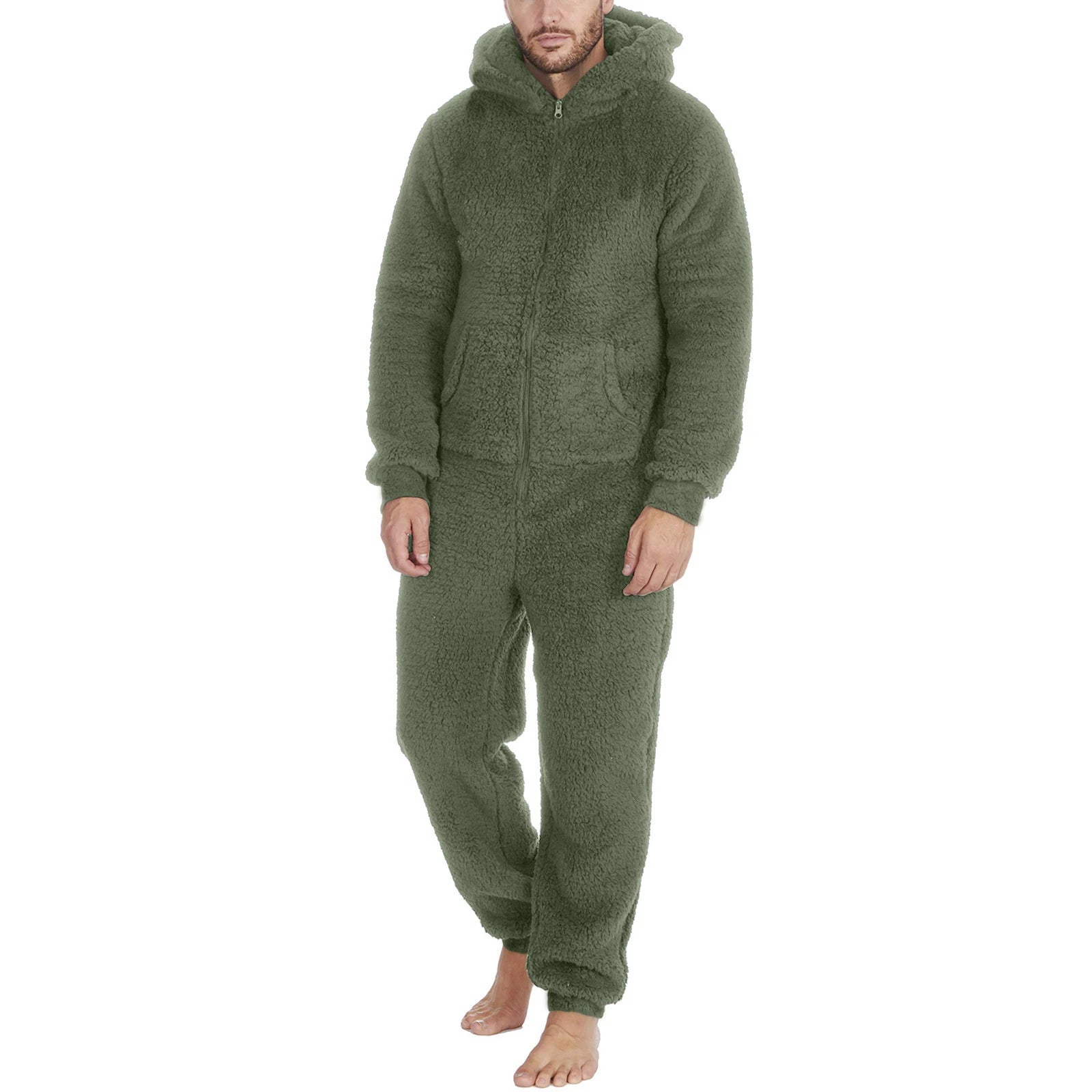 Men's Hooded Pajamas Autumn and Winter Thickened Jumpsuit Hooded Clothing Fleece Zipper Front Full Length Jumpsuit Sleepwear
