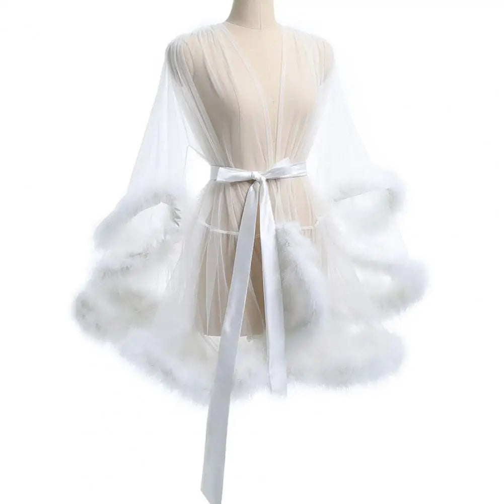 Women Solid Color Nightgown Mesh Ruffle Nightgown with Adjustable Waist Tie Sexy Plush Trim Sleepwear for Women Elegant Solid