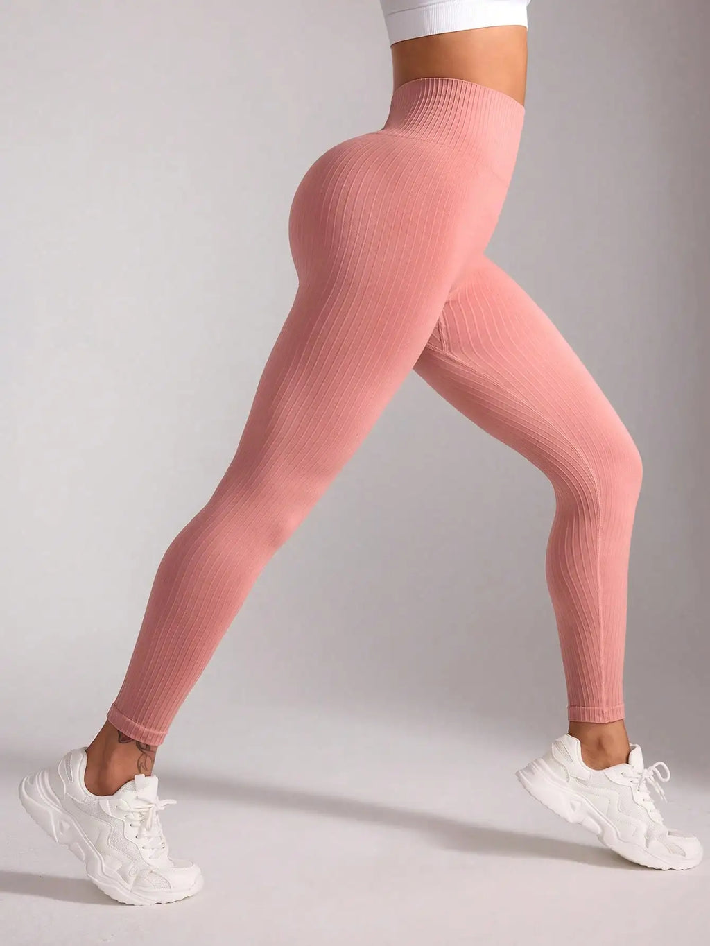 Pink Ribbed Yoga Leggings Women High Waist Seamless Tummy Control Butt Lifting Fitness Workout Tights Gym Sportswear