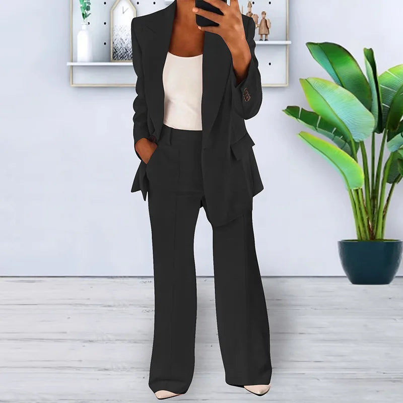Women's Sets Two 2 Pieces Sale Casual Pocket Single Button Blazer Jackets& High Elastic Waist OL Workwear Wide Leg Pant Suits