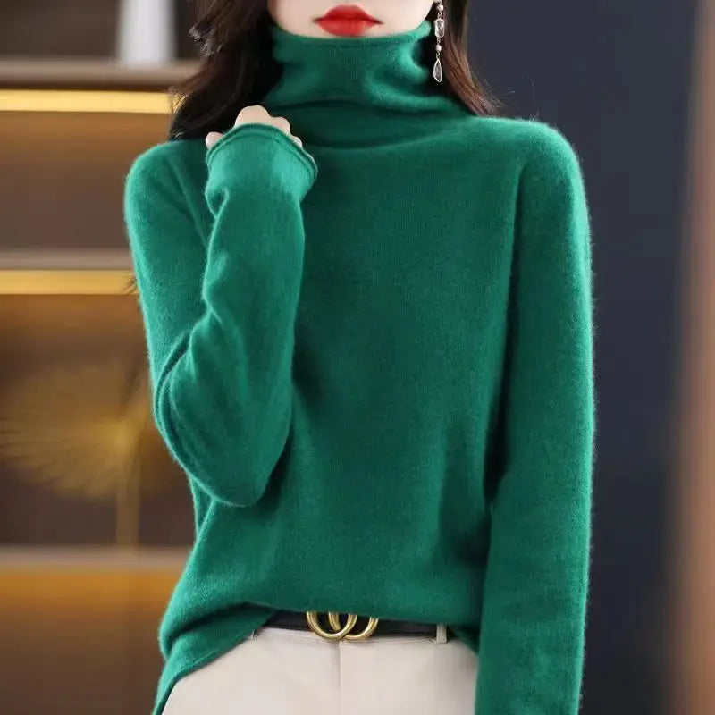 100% Wool Fold Neck Sweater Women's AutumnWinter High Neck Long Sleeved Solid Color Warm Pullover Sweater Knitted Jumper Top