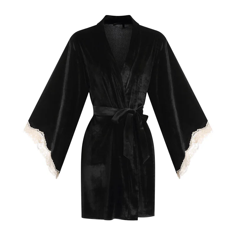 Winter Velvet Nightdress with Chest Pad Women Pajama Set Robe Gown Velour Lace Kimono Bathrobe Homedress Sleepwear Lingerie