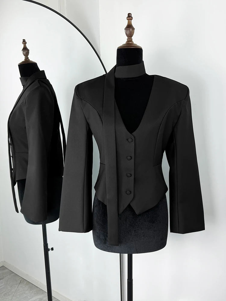 Tuularose Single Breasted Coat Women's V Neck Scarf With Long Sleeve Waist-Cinching Blazer Jacket Lady Casual Slim Commute Coat