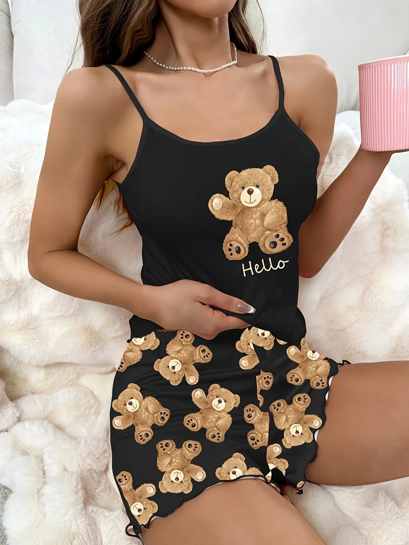 Cute Bear Printed Pajamas Set for Women's Loungewear Sling Crop Tops and Shorts Summer Sleepwear Home Wear Clothes