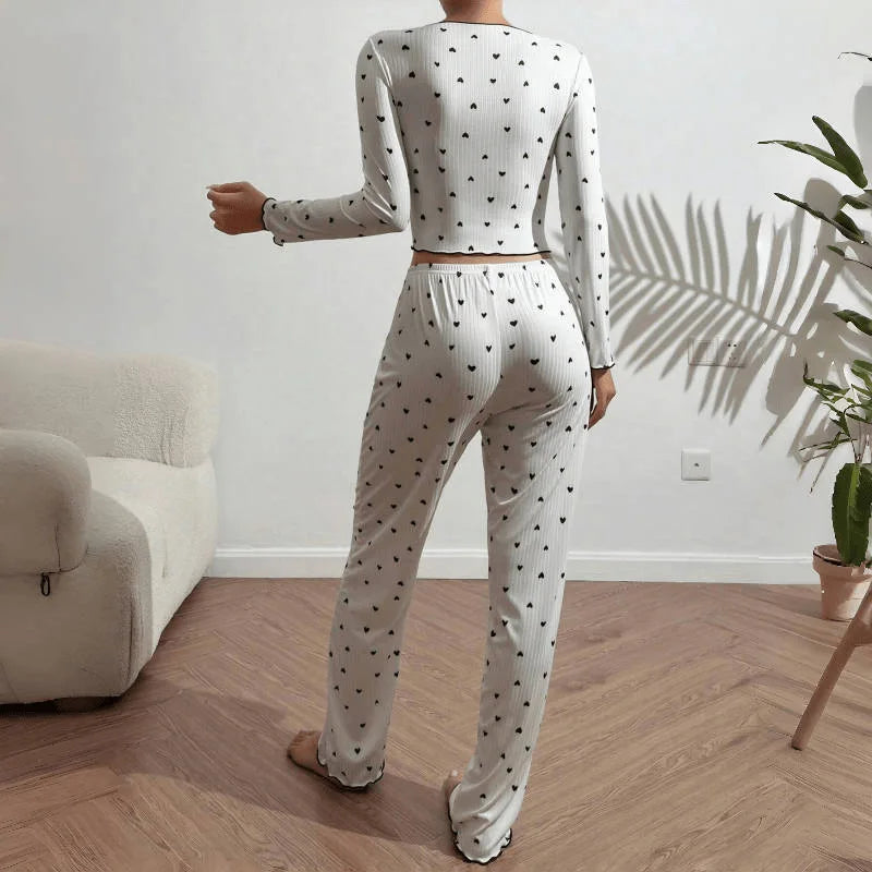 2 Piece Sets Women Pajamas Suit Top Pants Ensemble Sleepwear Heart Print Bow Loungewear Female Autumn Outfits Nightwear 2025