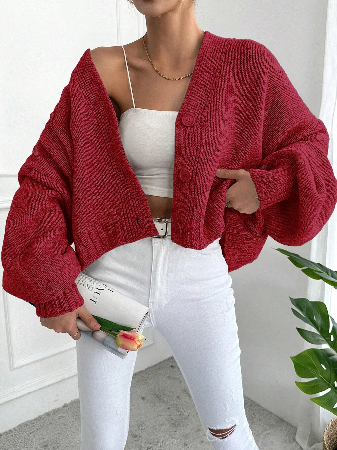 Women's Autumn Winter Knitted Sweater Cardigan, Batwing Sleeve Drop Shoulder Button Loose Fit Pullover, Casual Fashion for Ladie