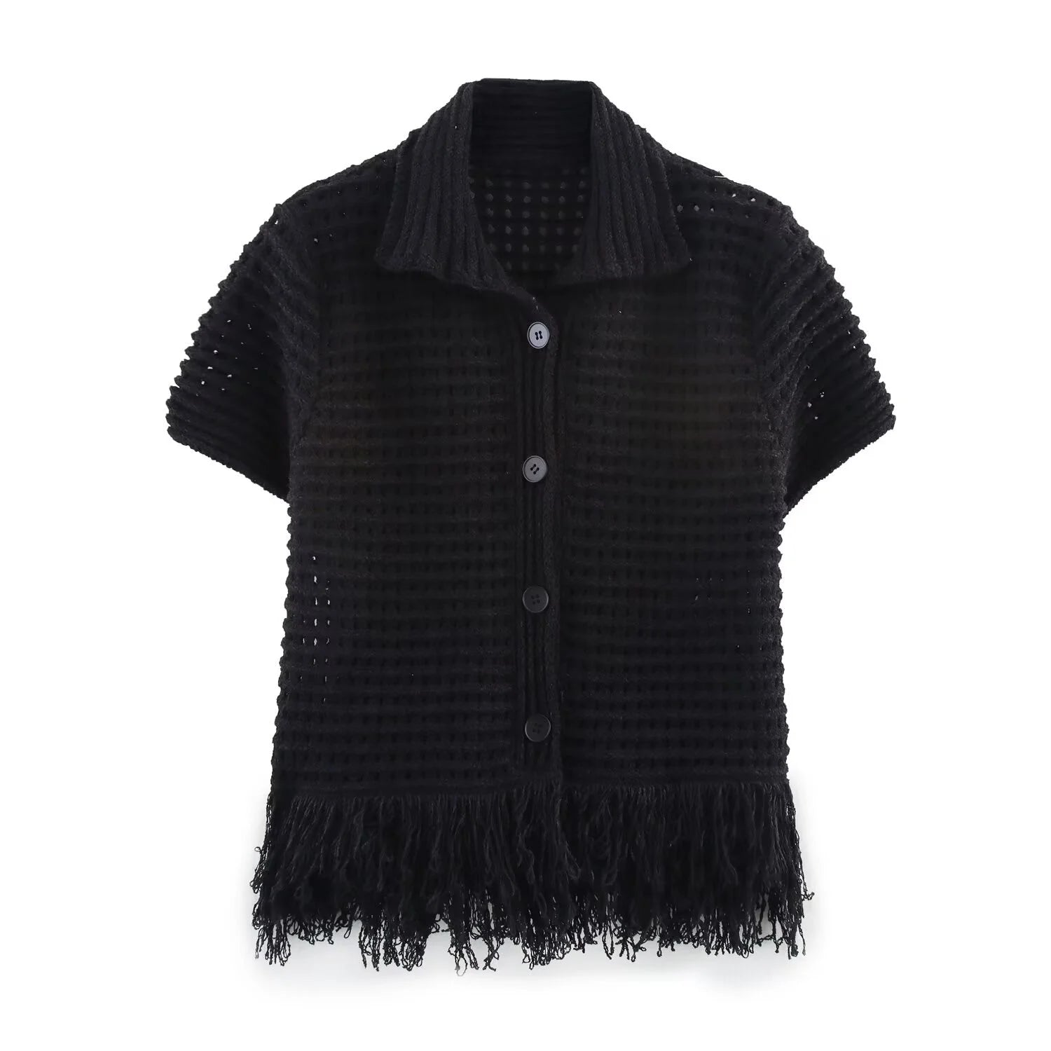 KONDALA 2026 Spring Summer Elegant Knitted Tassel Solid Women Suit Turndown Collar Hollow Out Shirt Elastic Wasit Mini Skirt
