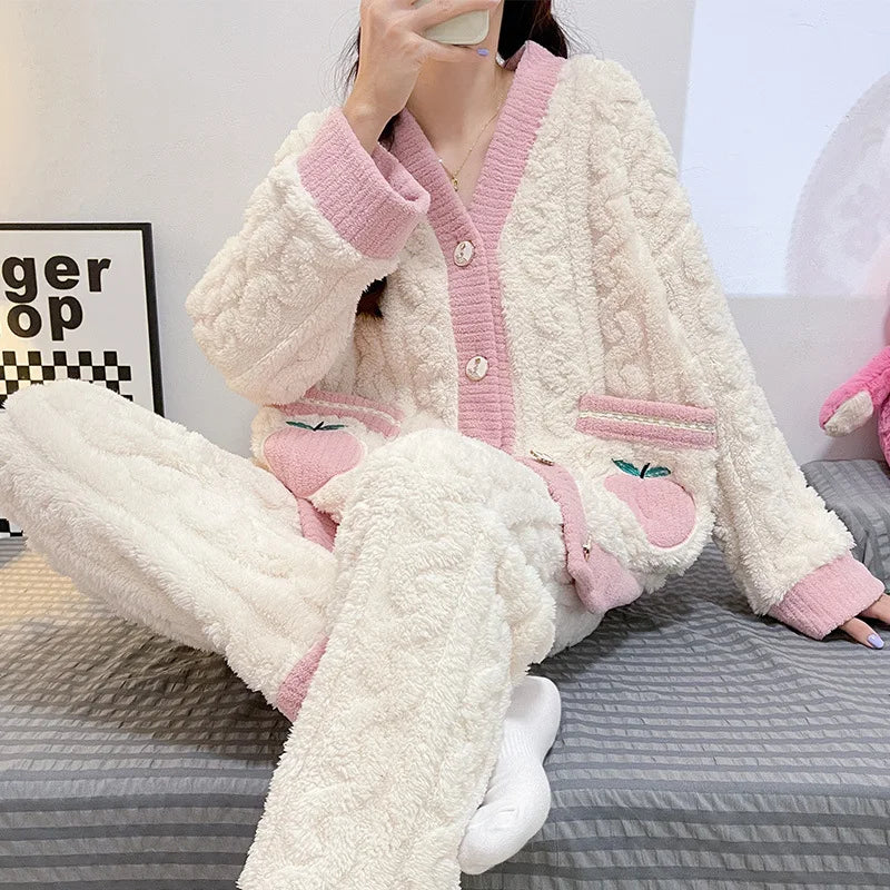 Thickened Warm Pink Peach Coral Velvet Pajamas 2PCS Set Winter Ladies Cardigan Nightwear Homewear Sweet Sleepwear Loungewear