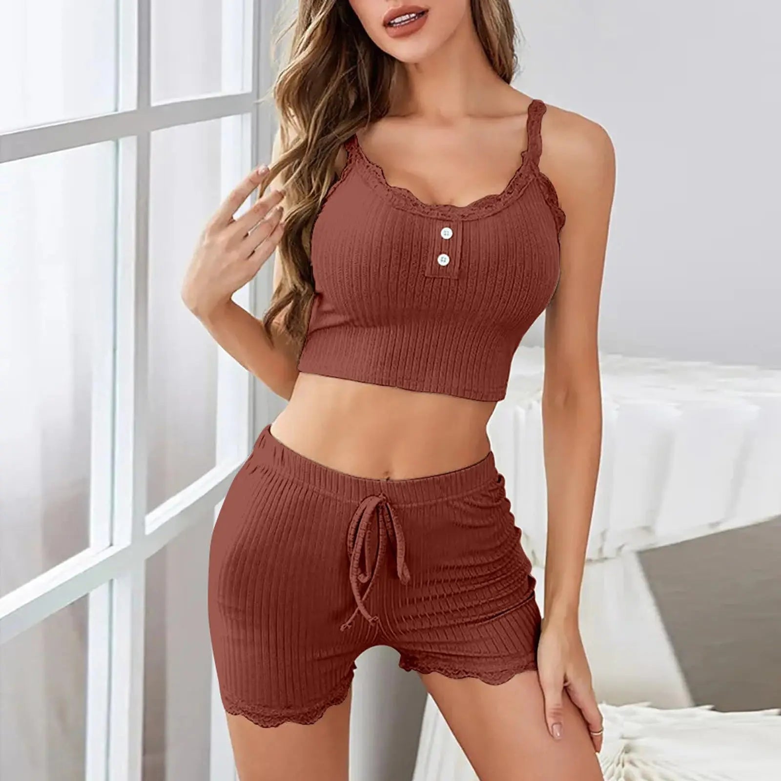 Womens Two Piece Pajama Set Ribbed Knit Lace Trim Crop Cami Top And Shorts Summer Loungewear Sleepwear Homewear New hot selling
